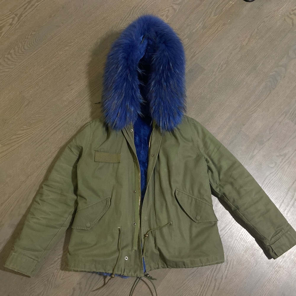 Army Green Large Raccoon Fur Collar Hooded Coat Parkas